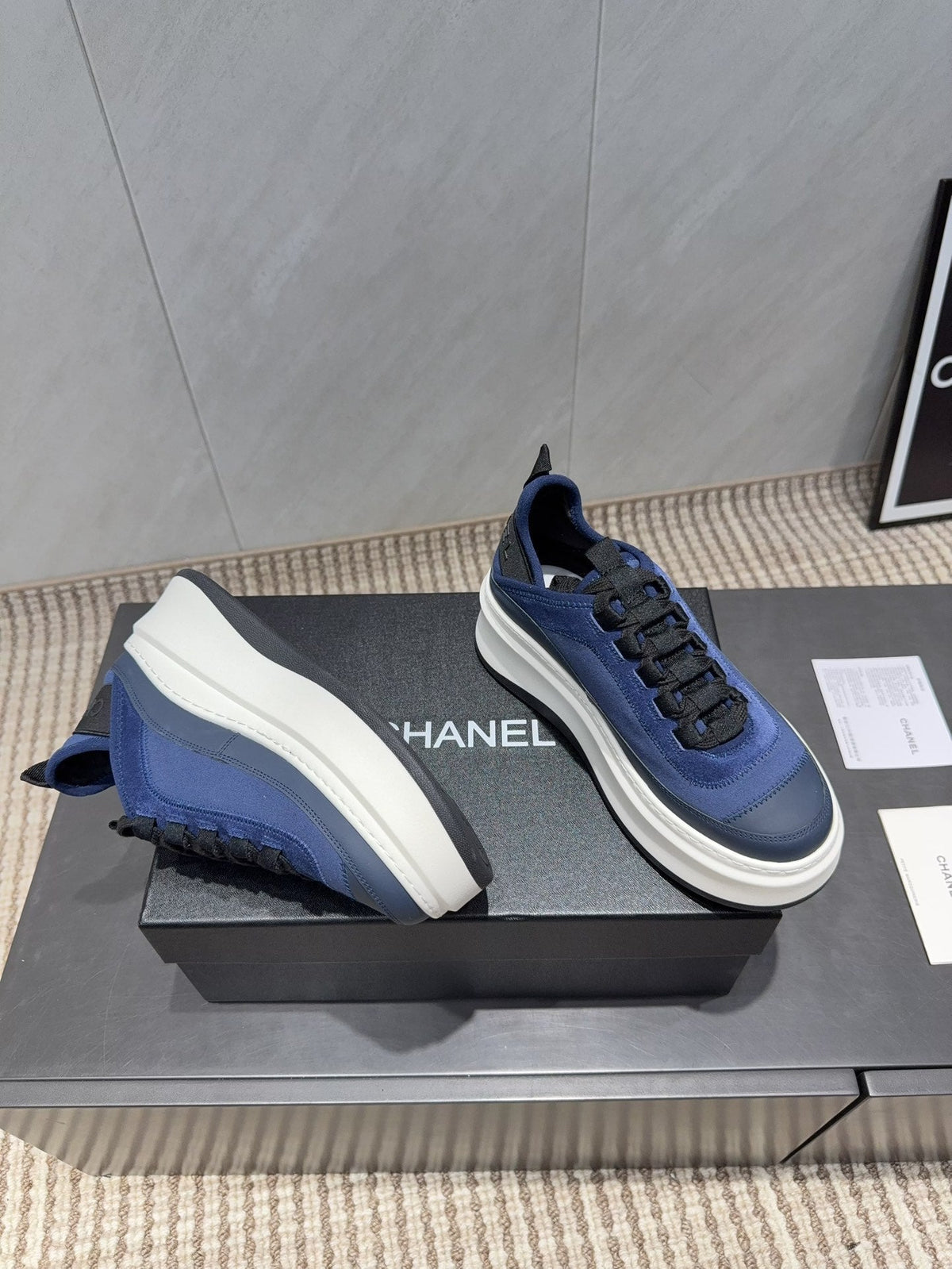 Chanel 25 Sneaker Blue White Black Suede Sheepskin 540286