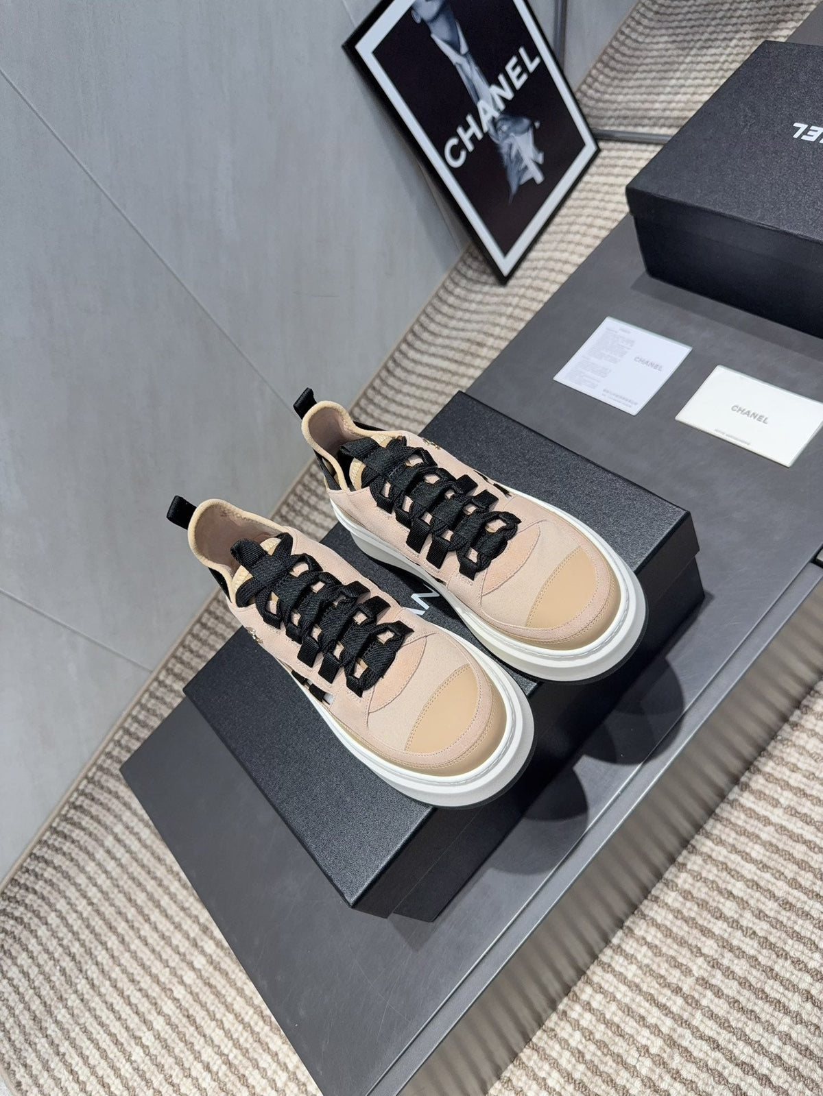 Chanel 25 Sneaker Beige Black White Suede 540307