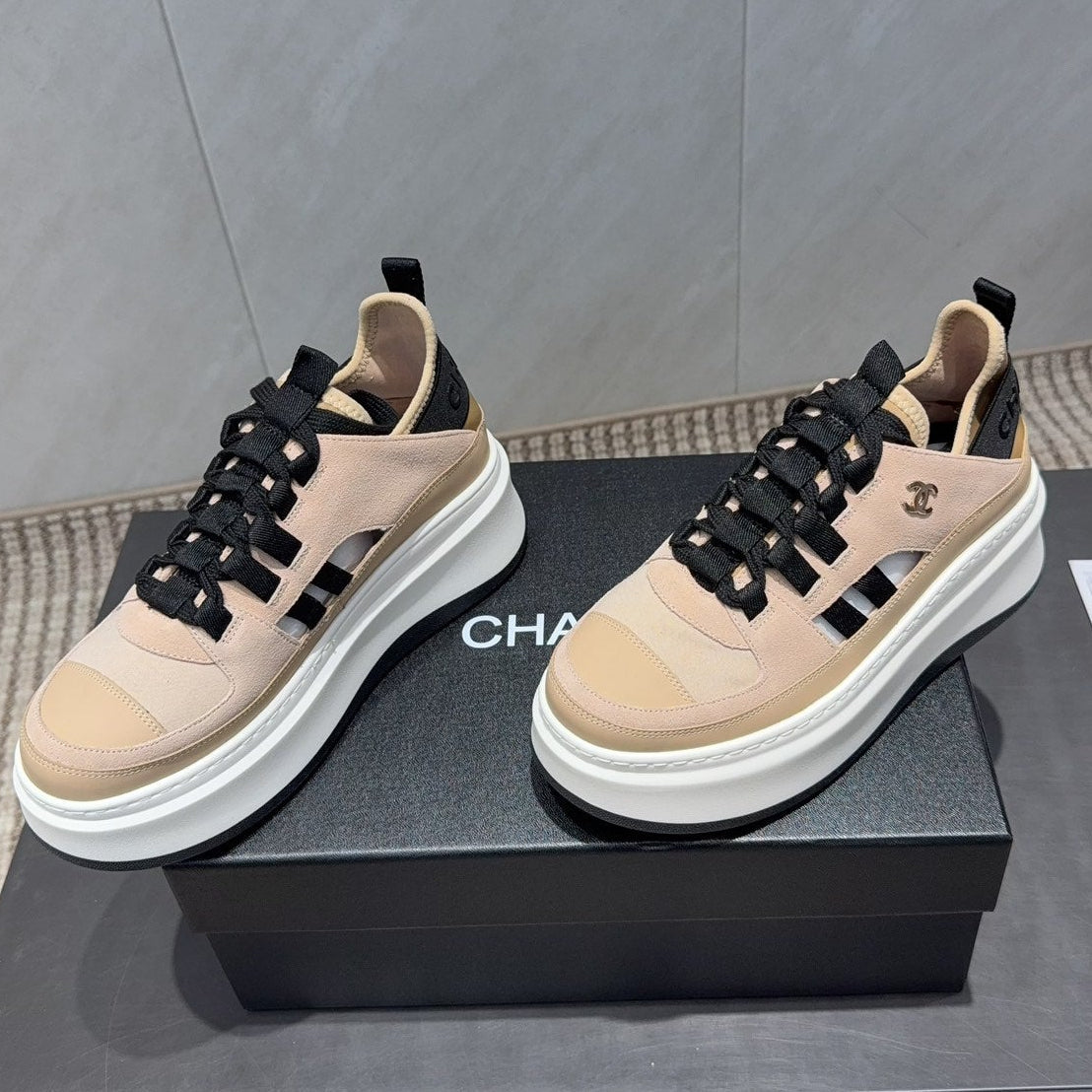 Chanel 25 Sneaker Beige Black White Suede 540307