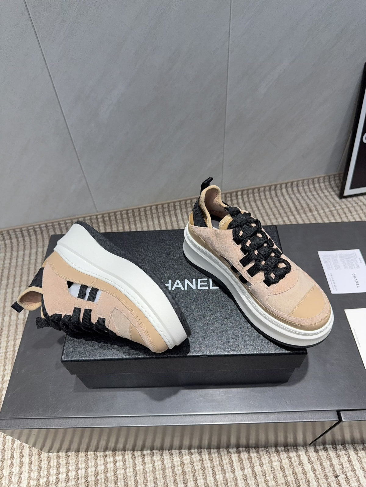 Chanel 25 Sneaker Beige Black White Suede 540307