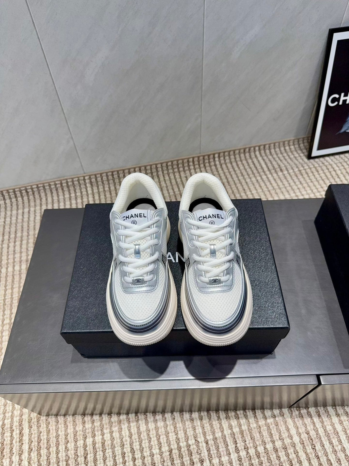 Chanel 25 Sneaker White Blue Silver Mesh Leather 540310