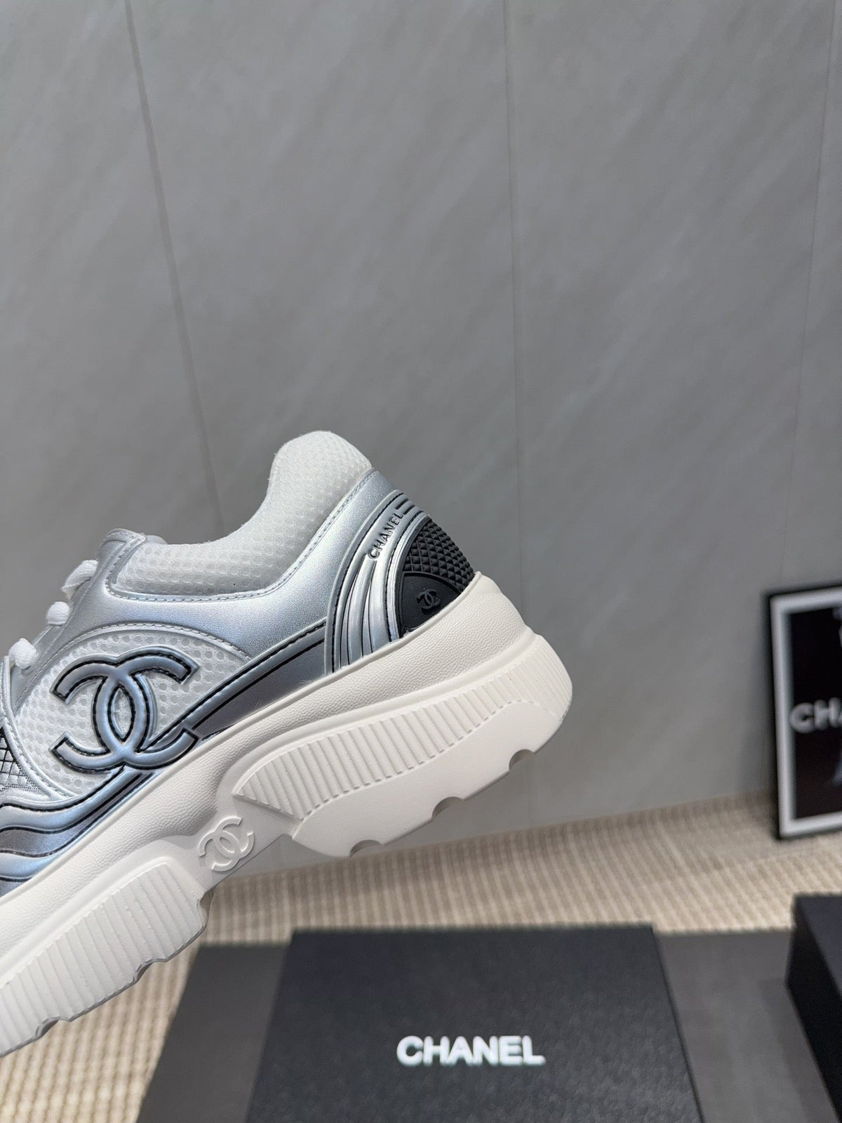 Chanel 25 Sneaker White Blue Silver Mesh Leather 540310