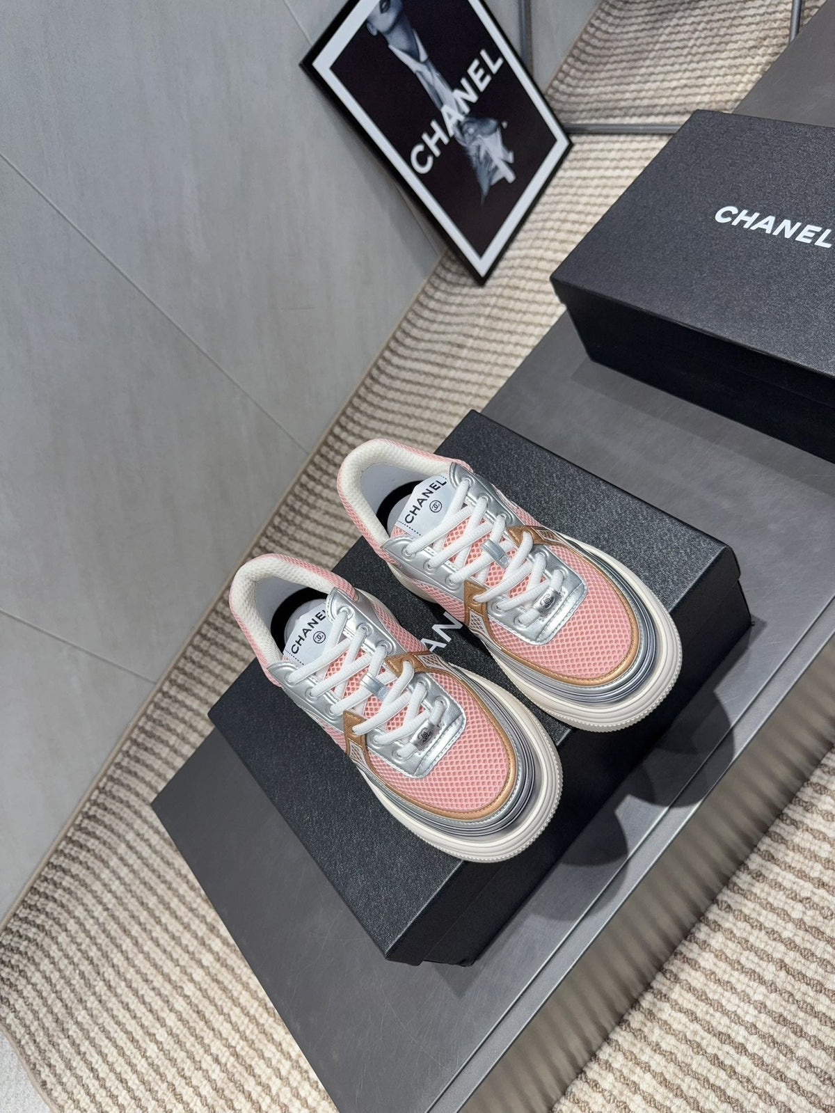 Chanel 25 Sneaker White Pink Silver Mesh Leather 540311