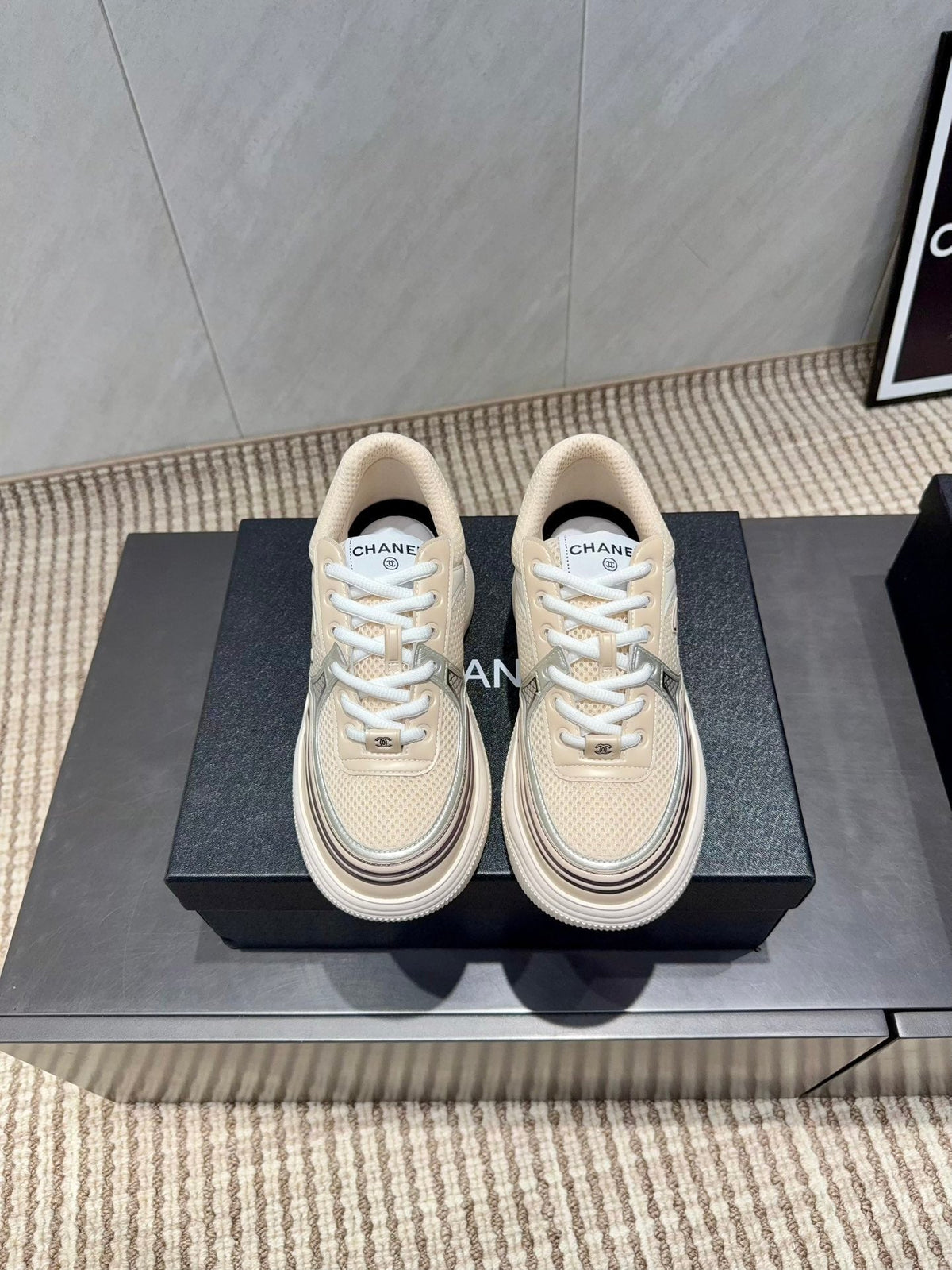 Chanel 25 Sneaker White Beige Silver Mesh Leather 540313