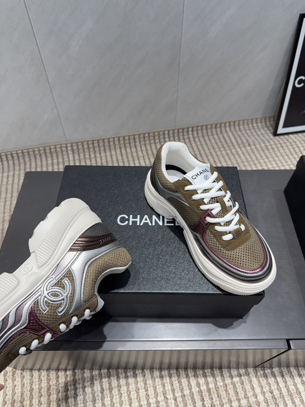 Chanel 25 Sneaker White Brown Silver Mesh Leather 540314