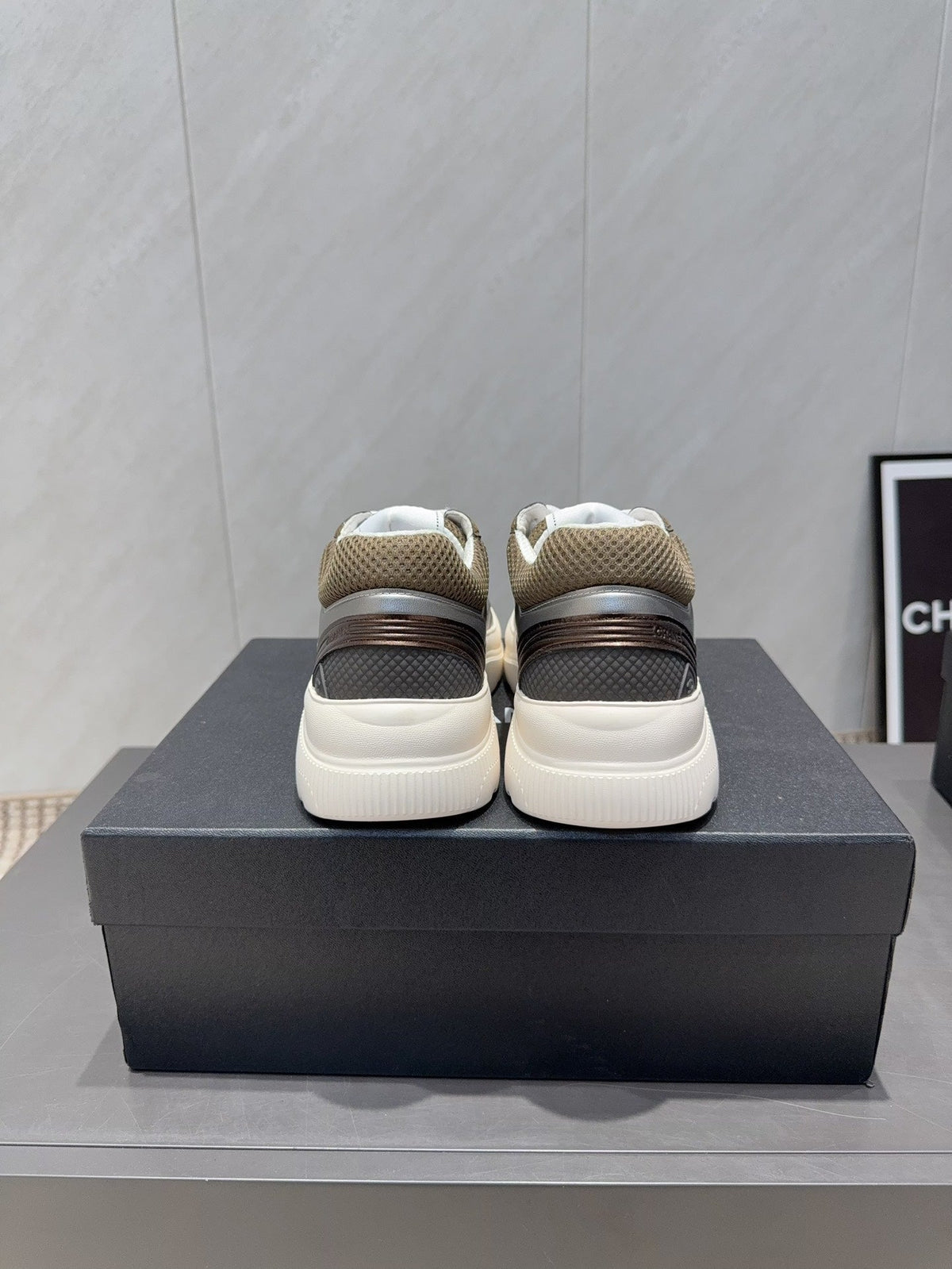 Chanel 25 Sneaker White Brown Silver Mesh Leather 540314
