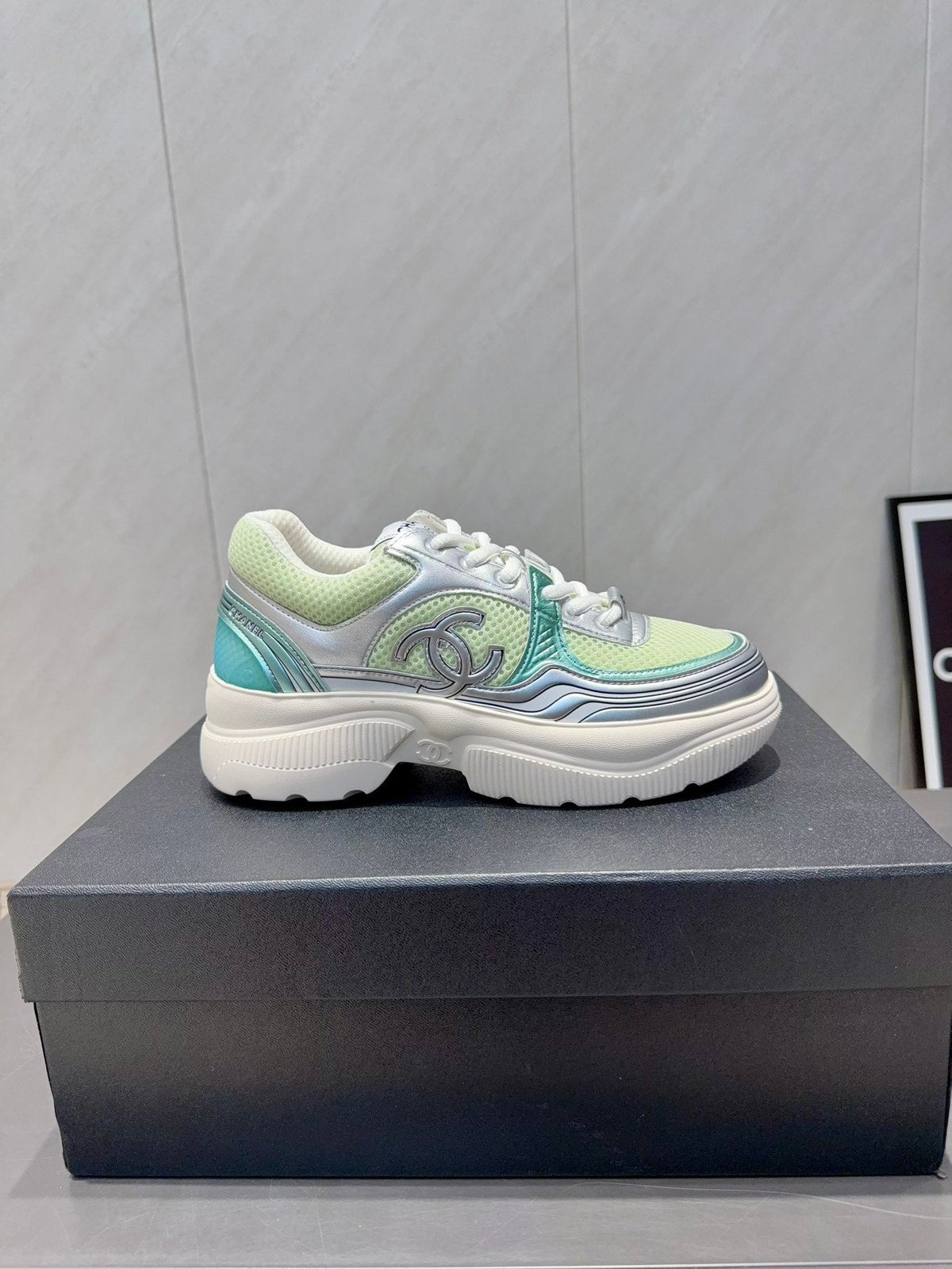 Chanel 25 Sneaker White Green Silver Mesh Leather 540315