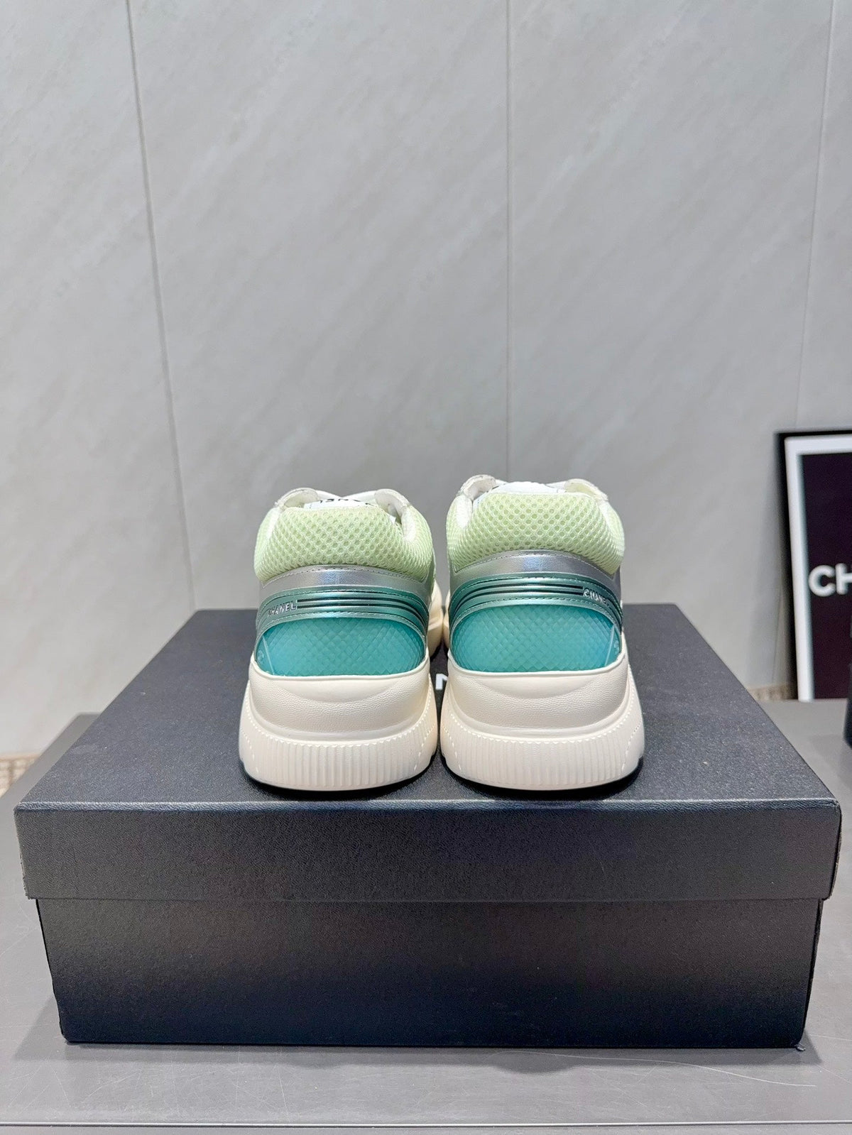Chanel 25 Sneaker White Green Silver Mesh Leather 540315