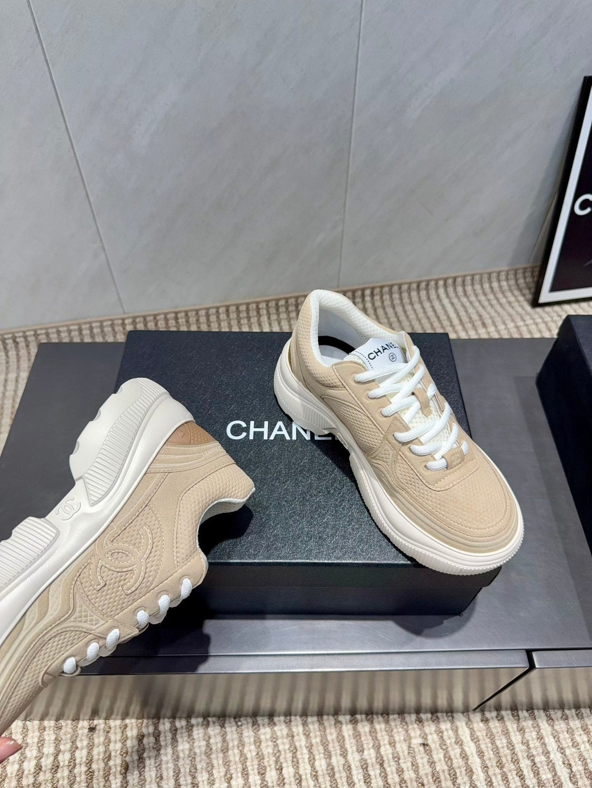 Chanel 25 Sneaker Light Brown White Mesh Fabric 540318
