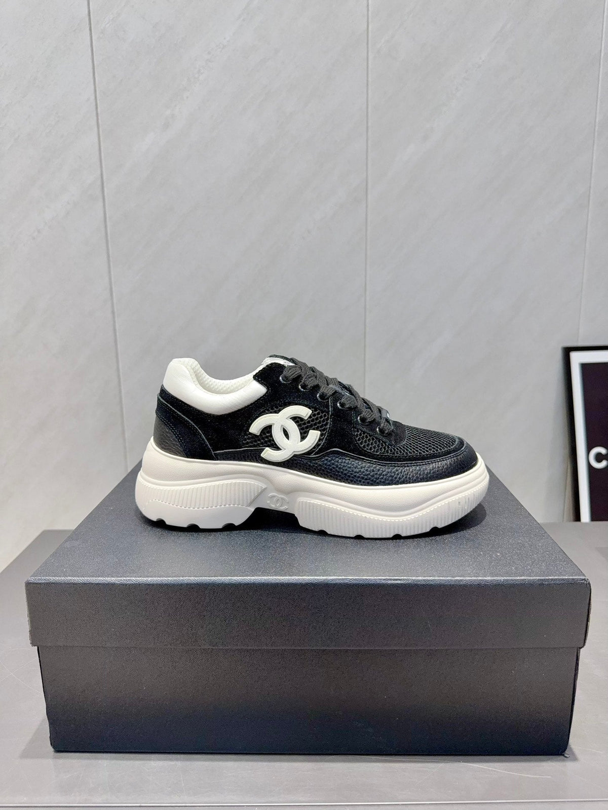 Chanel 25 Sneaker Black White Mesh Fabric 540320