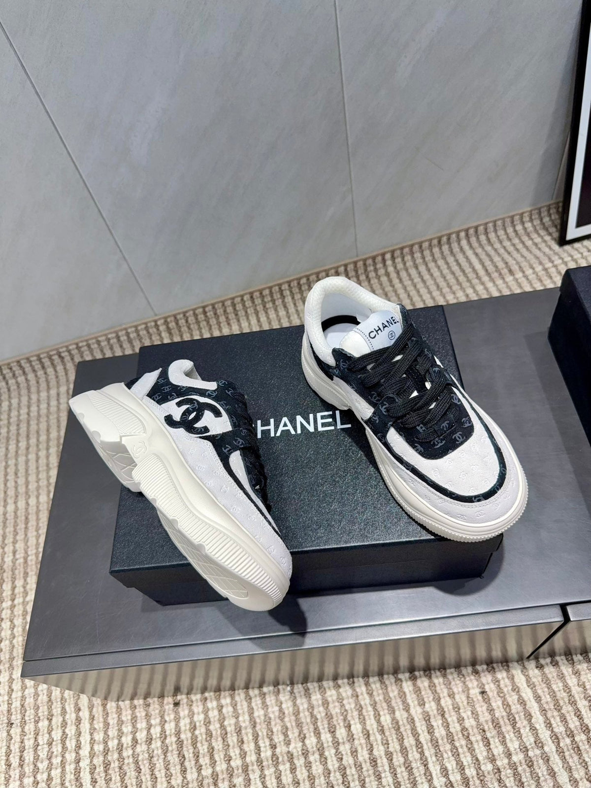 Chanel 25 Sneaker Black White Suede 540329