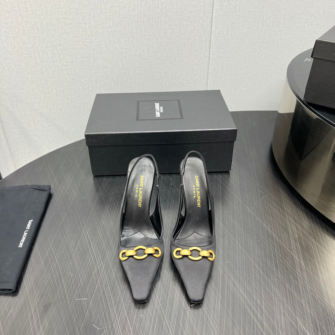 GOLD CHAIN ATTACHED HIGH SLINGBACK IN BLACK SILK