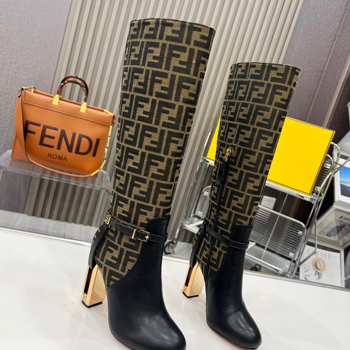 FENDI knee boots high heel monogram black cowhide 521216