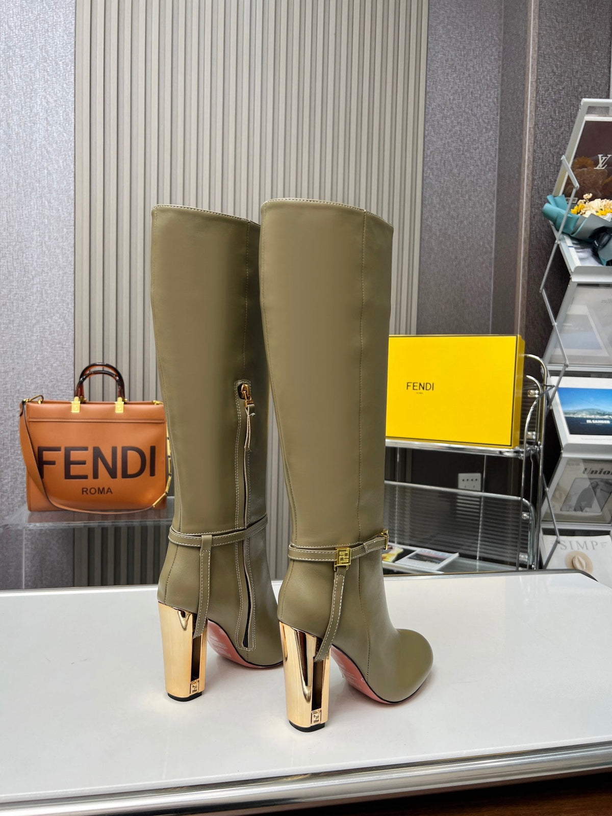 FENDI knee boots high heel olive green cowhide 521209