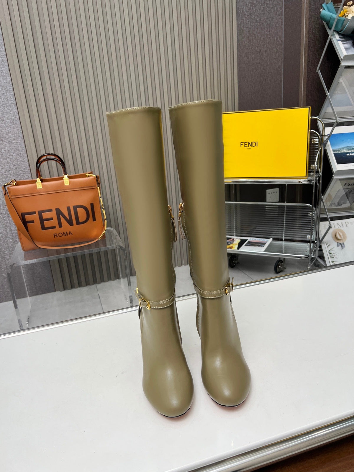 FENDI knee boots high heel olive green cowhide 521209