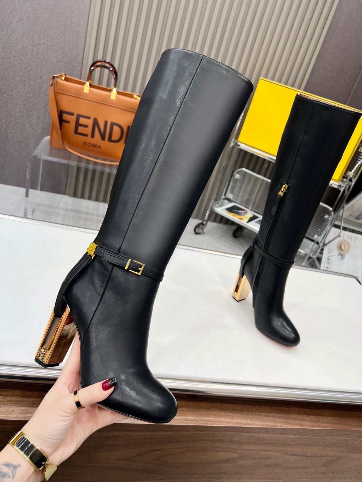 FENDI knee boots high heel black cowhide 521212