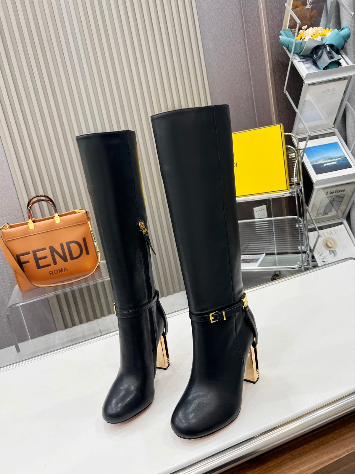 FENDI knee boots high heel black cowhide 521212