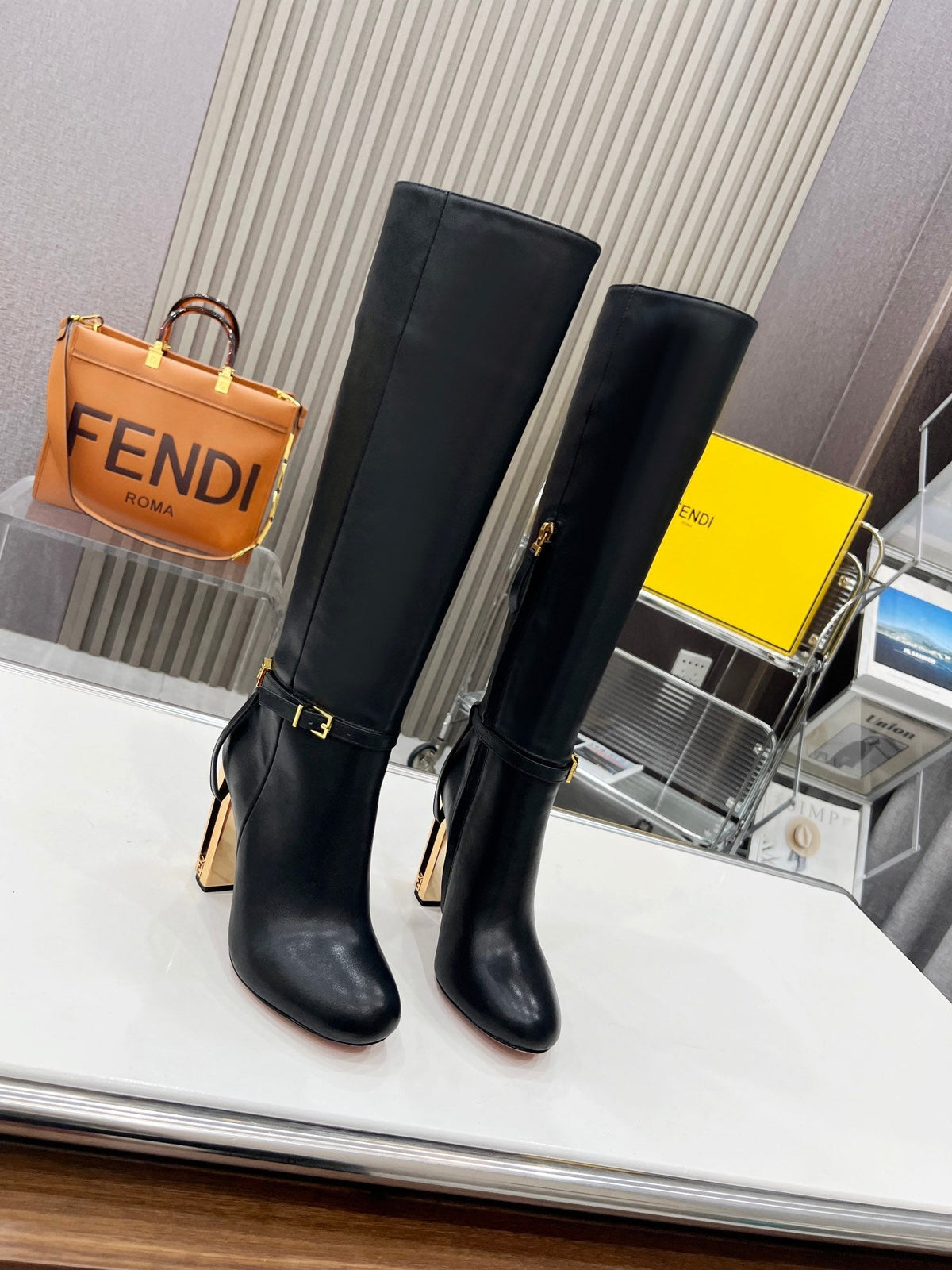 FENDI knee boots high heel black cowhide 521212