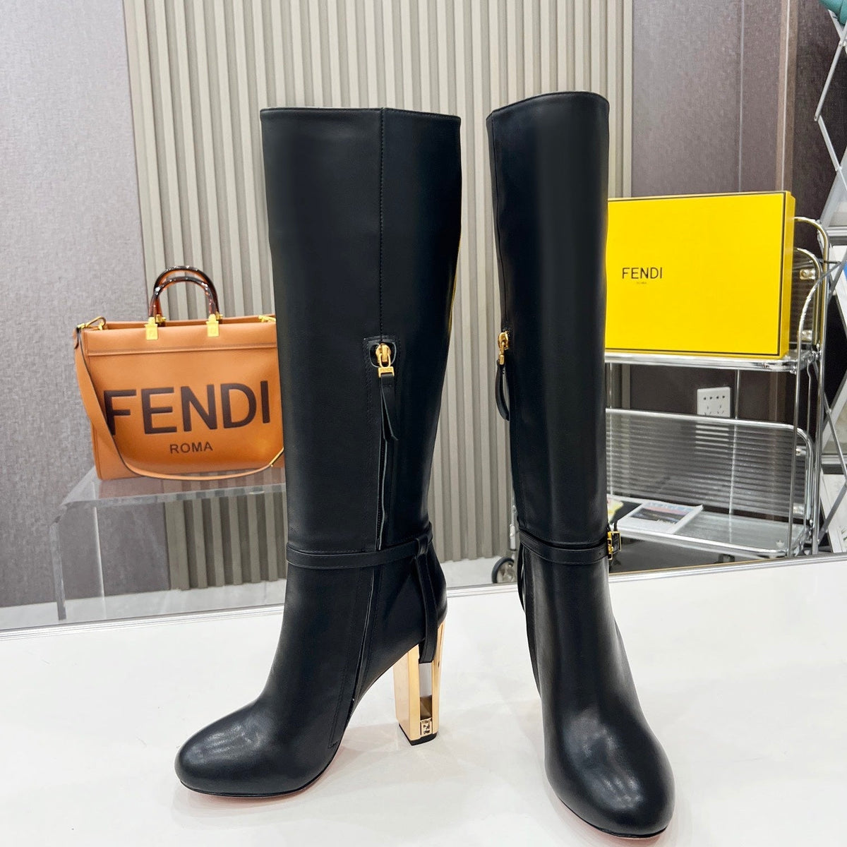FENDI knee boots high heel black cowhide 521212