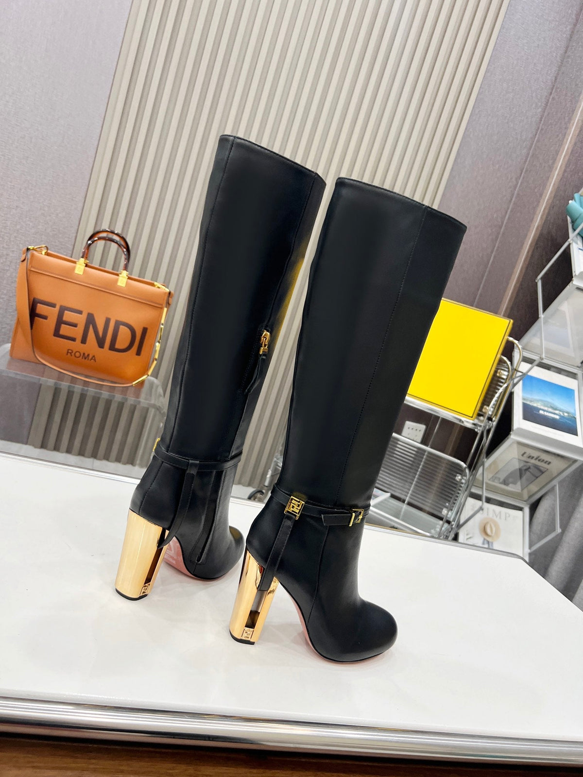 FENDI knee boots high heel black cowhide 521212
