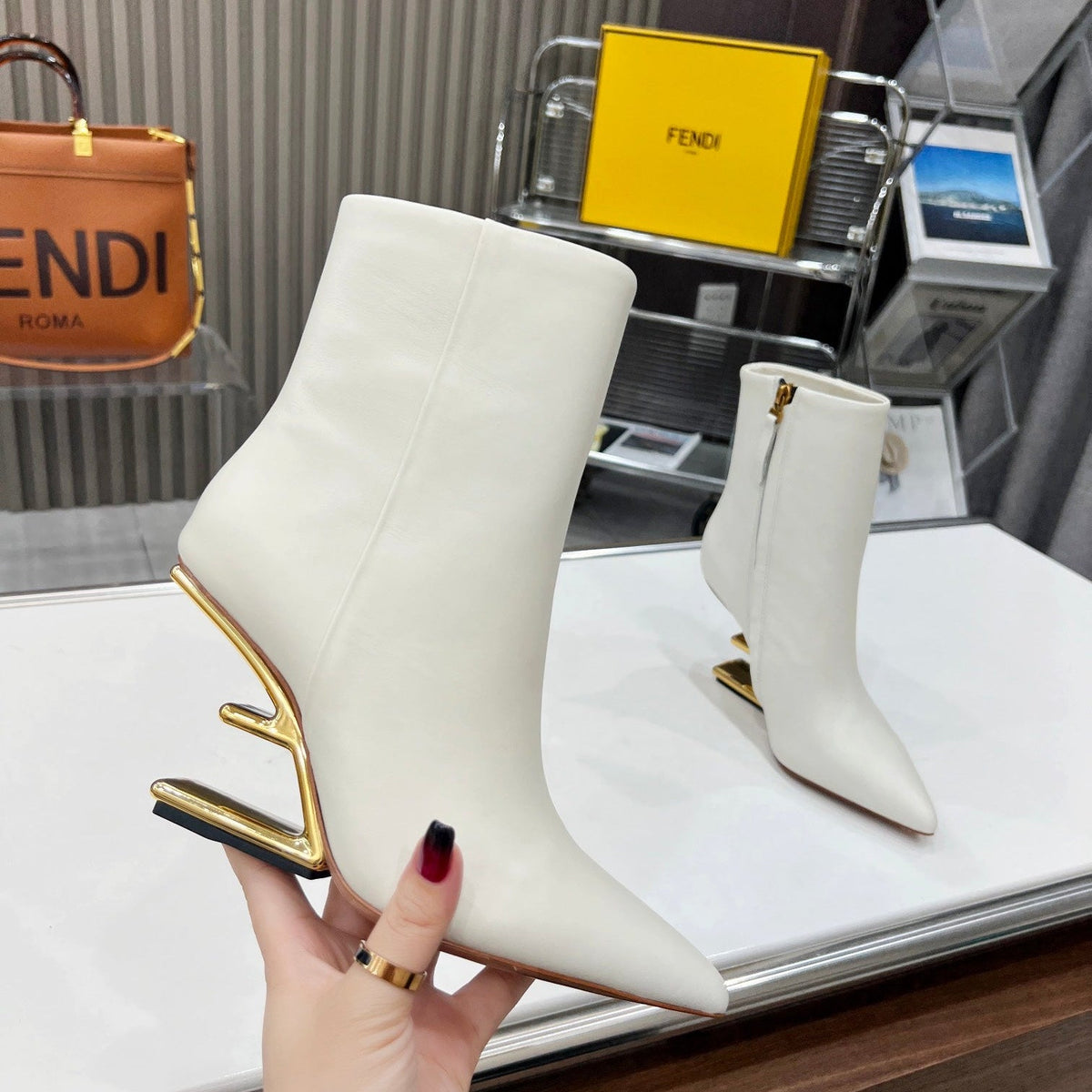 FENDI First Wedge Boots White Sheepskin 521225