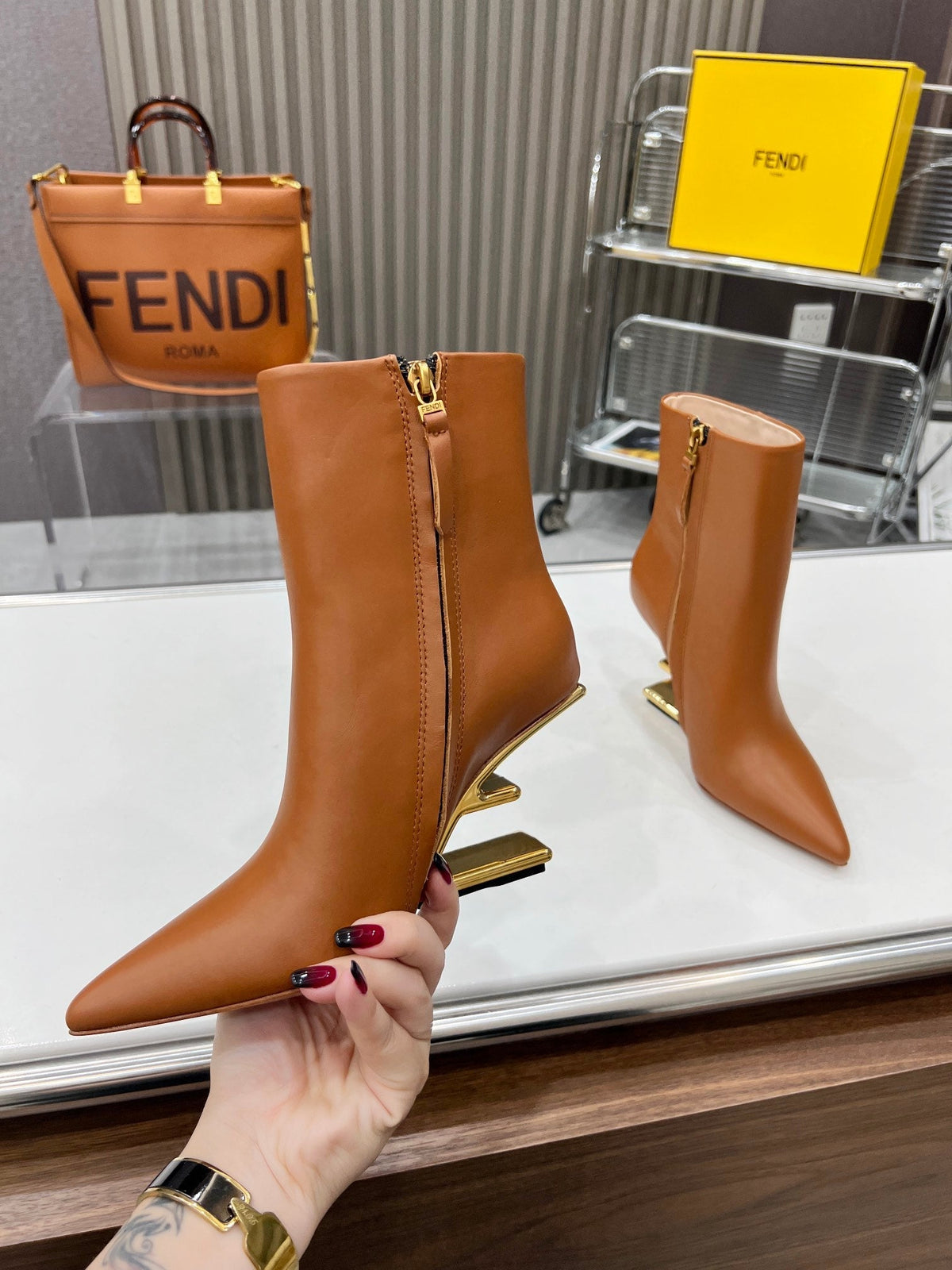 FENDI First Wedge Boots Brown Sheepskin 521223