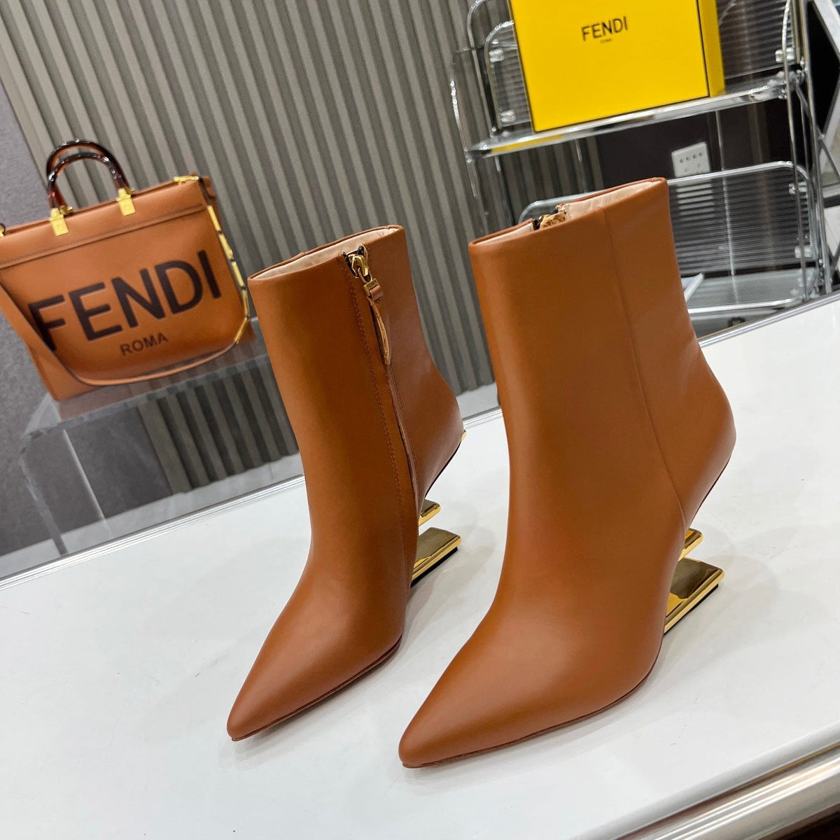 FENDI First Wedge Boots Brown Sheepskin 521223