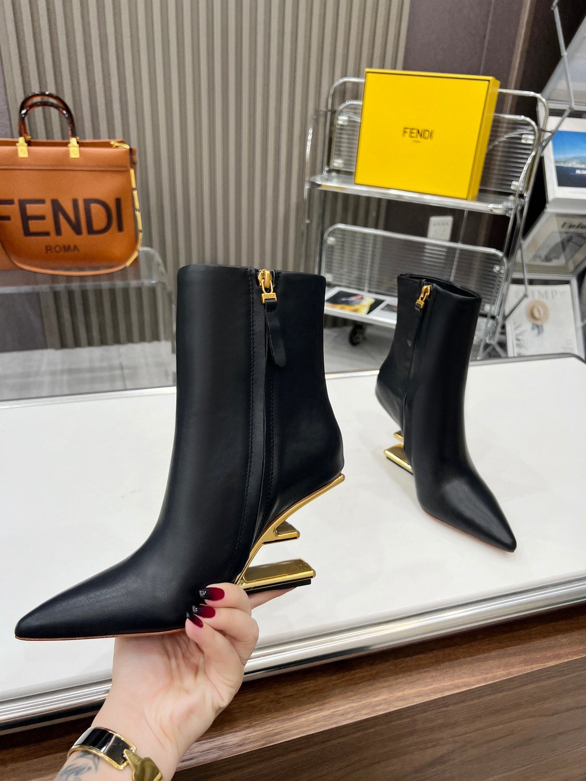 FENDI First Wedge Boots Black Sheepskin 521226