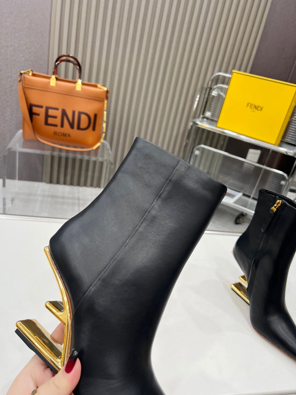 FENDI First Wedge Boots Black Sheepskin 521226