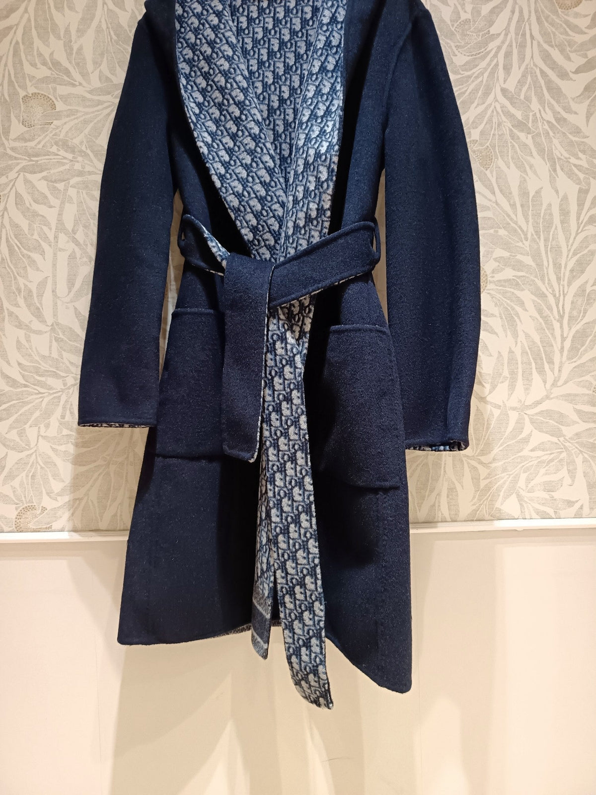 CD Hooded Long Coat Navy Blue Wool Silk