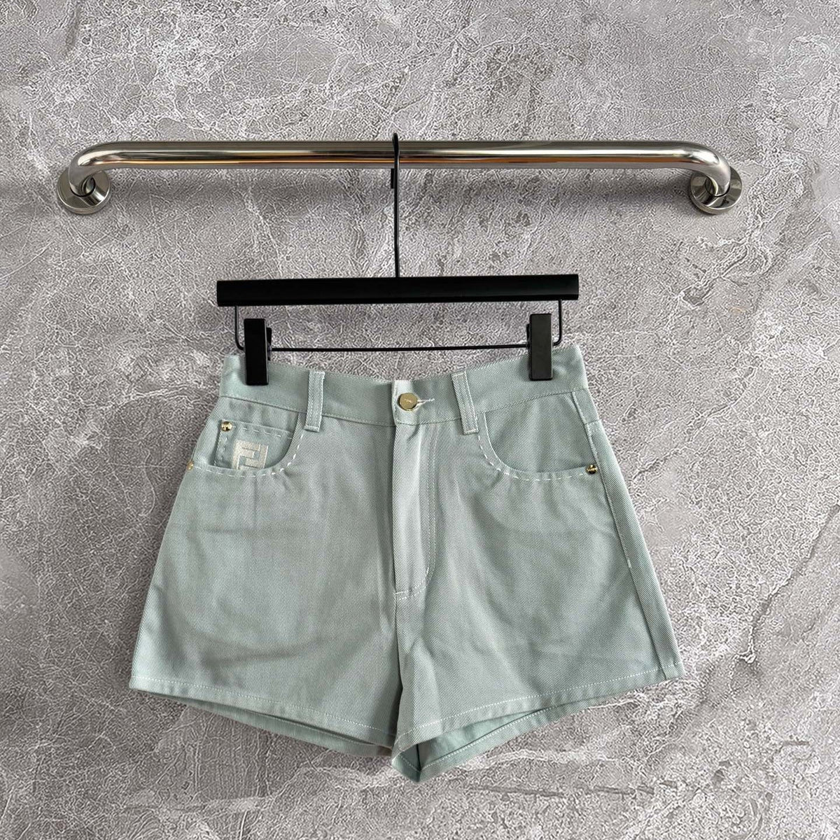 Fendi Hand-made Needle-picking Shorts Blue Green  Cotton
