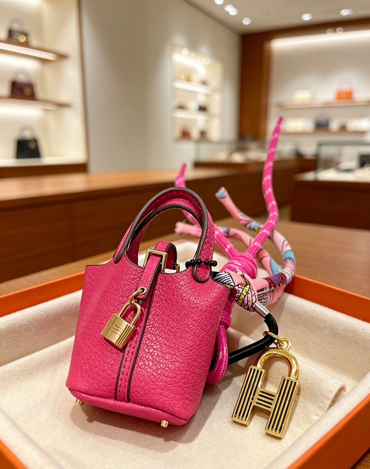 Hermes Pink Gold Bucket Bag Charm