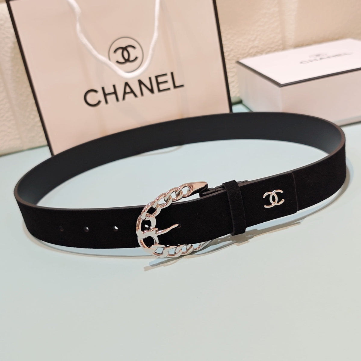 CC Belt 3.0CM Black Suede Sliver Buckle 198420
