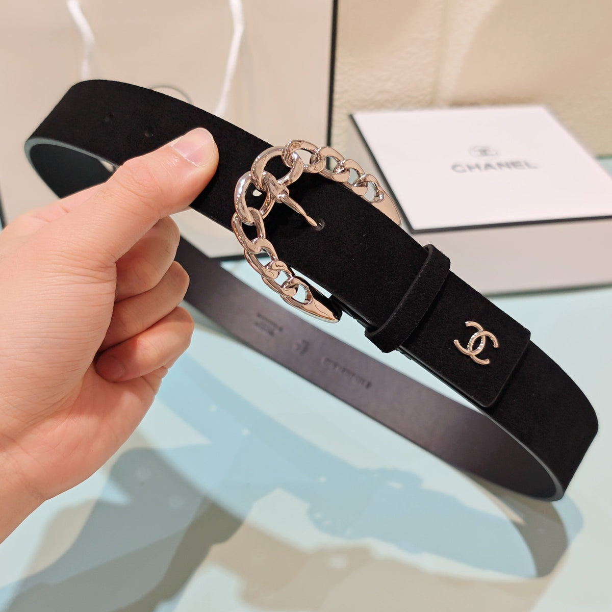 CC Belt 3.0CM Black Suede Sliver Buckle 198420