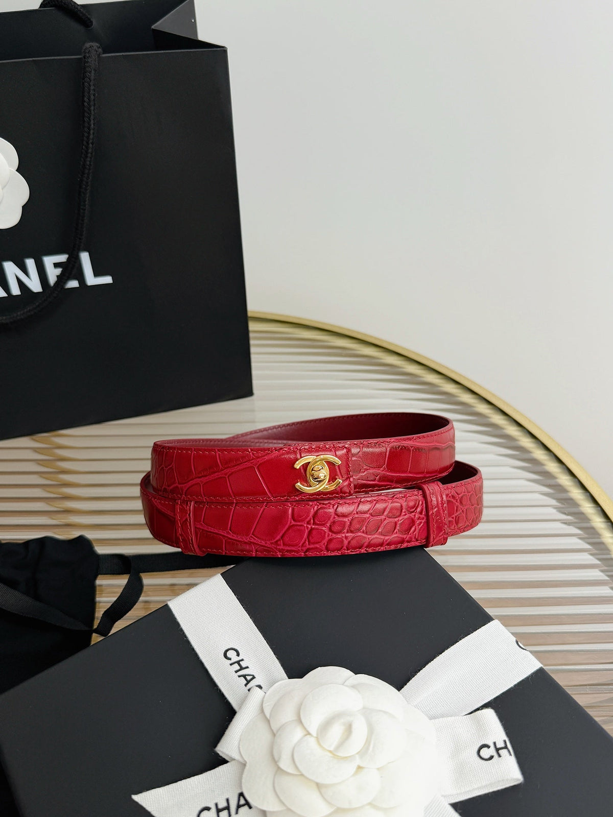 Chanel 2026 Crocodile Embossed Belt 25mm Gold Hardware Leather 219797