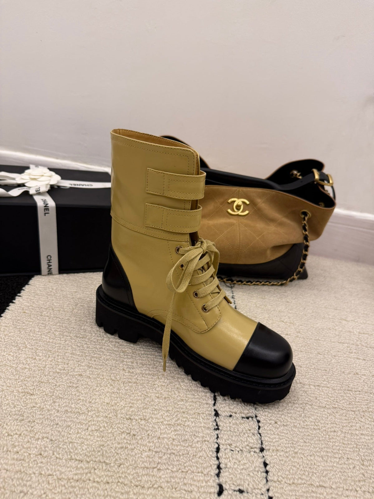 CC 2025 Lace-up Combat Boot Beige Black Leather 548116