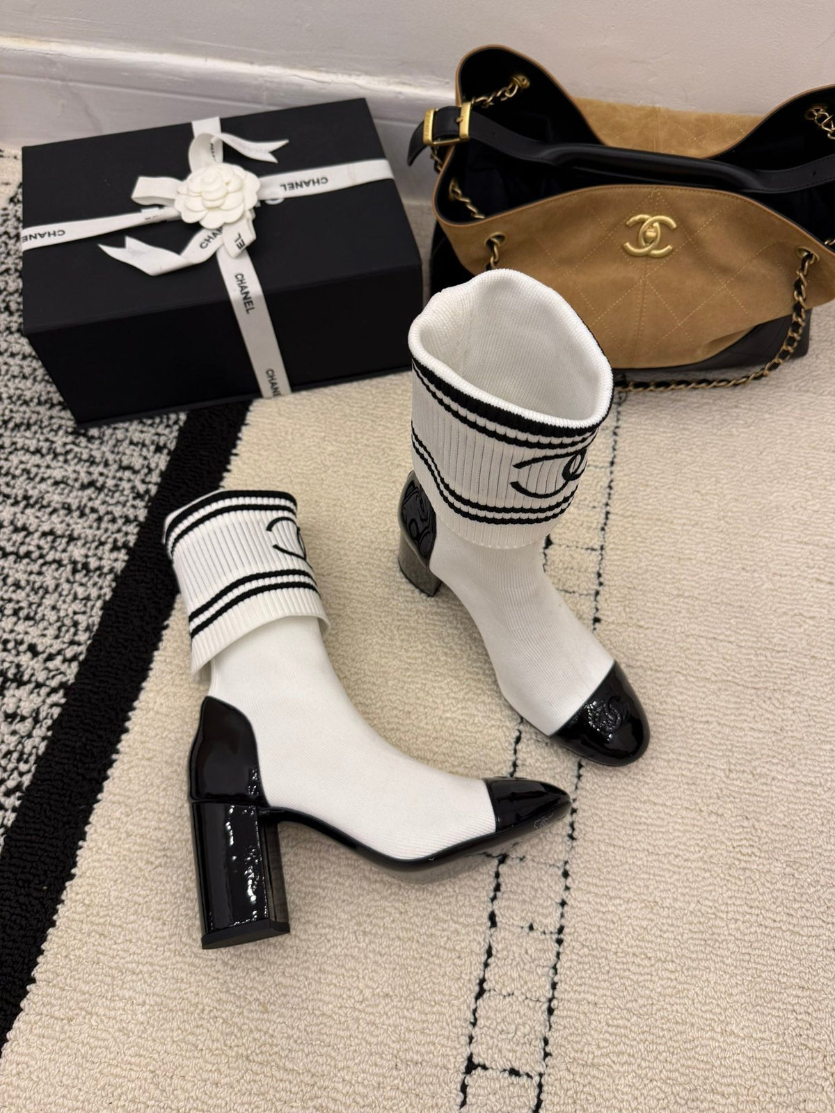 CC 2025 Chunky Heel Sock Boot White Leather Knit 548118