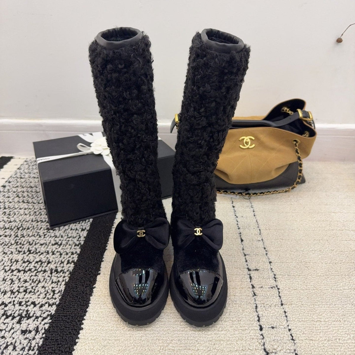 Chanel 25 Shearling Boot Black Wool Leather 537105