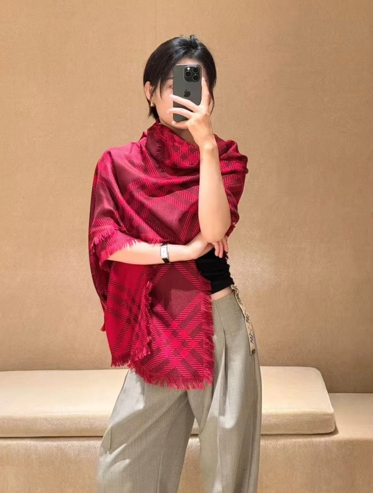 BBR Double-Sided Scarf 190CM Red Cashmere 293316
