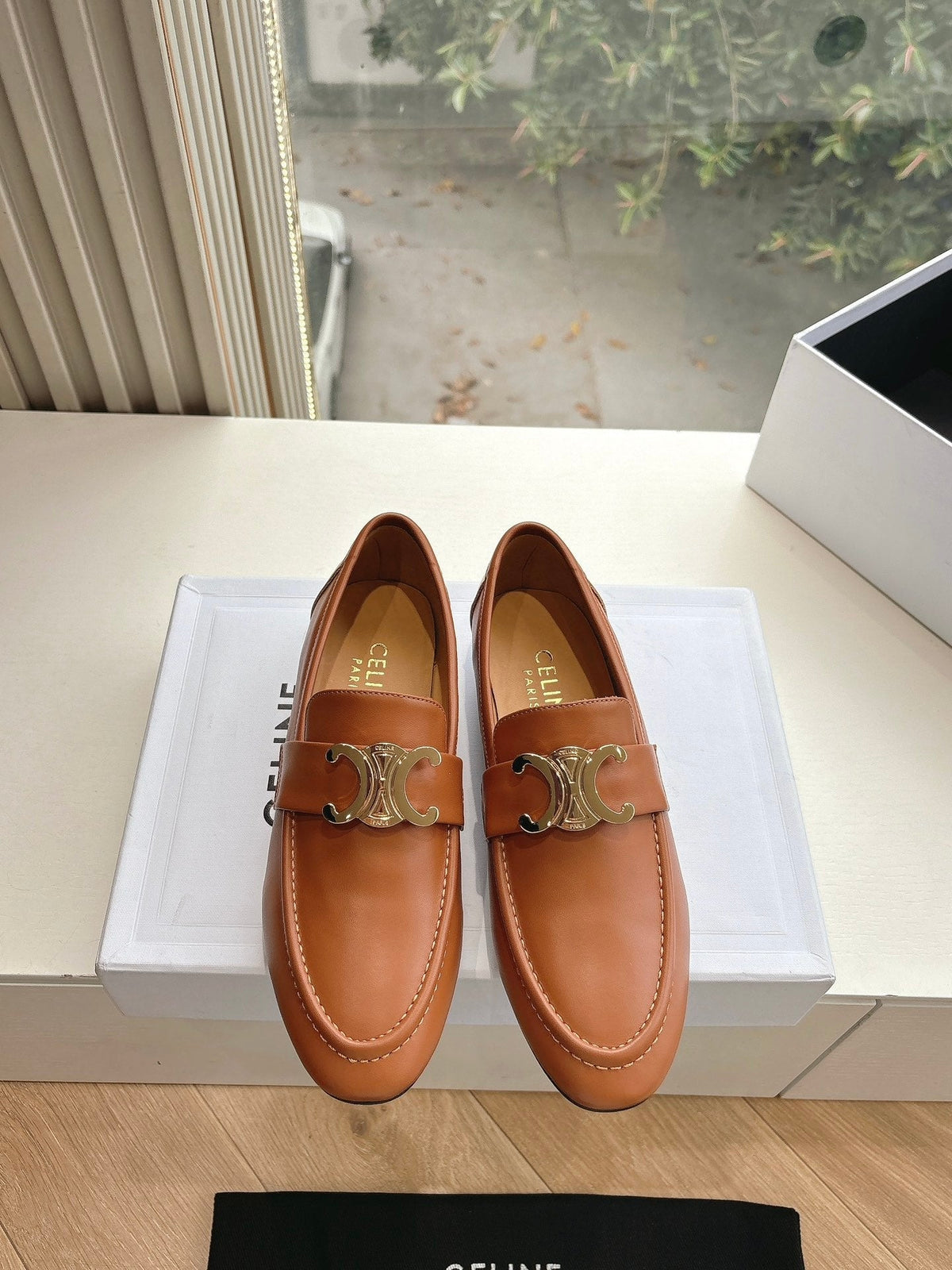 CELINE Buckle Triomphe Loafers Golden Leather