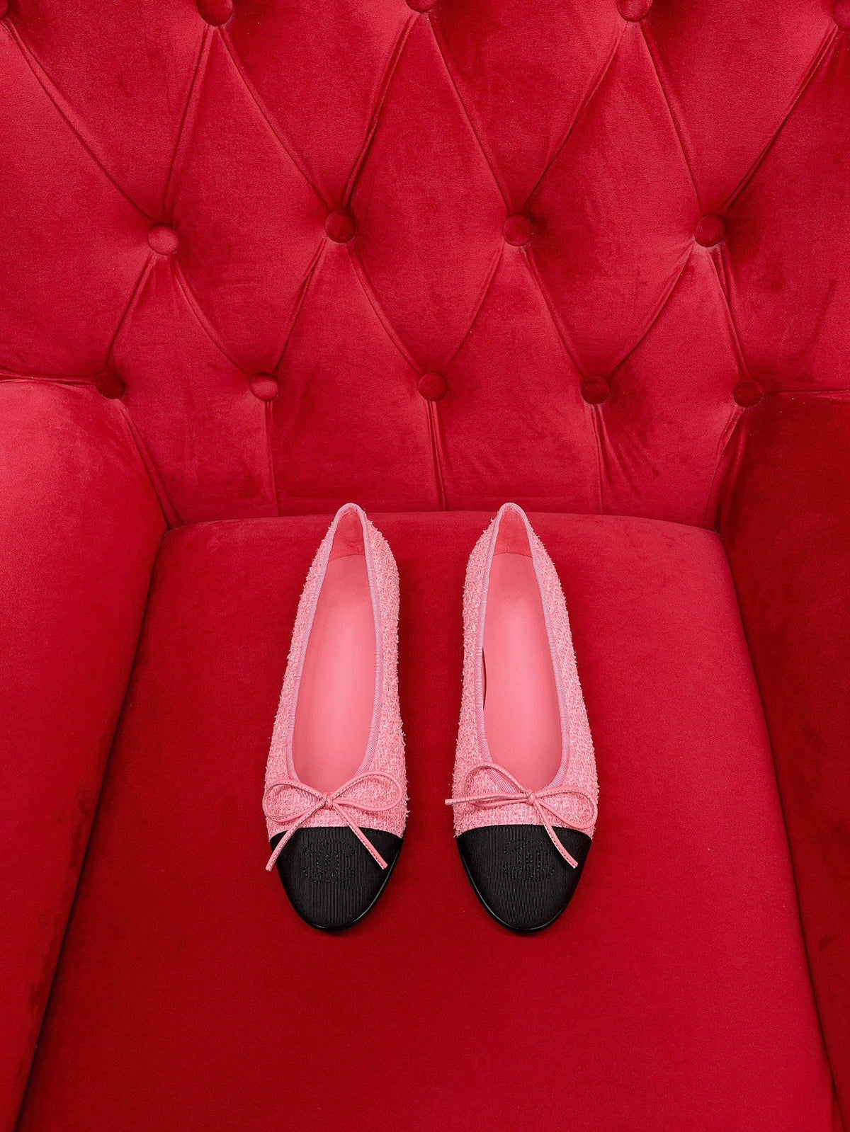 ballet flat pink black tweed grosgrain