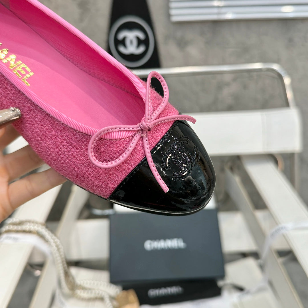 ballet flat pink tweed black patent calfskin