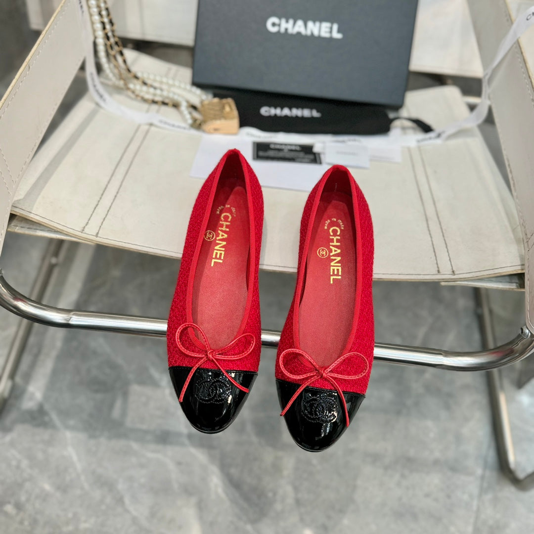 ballet flat red tweed black patent calfskin