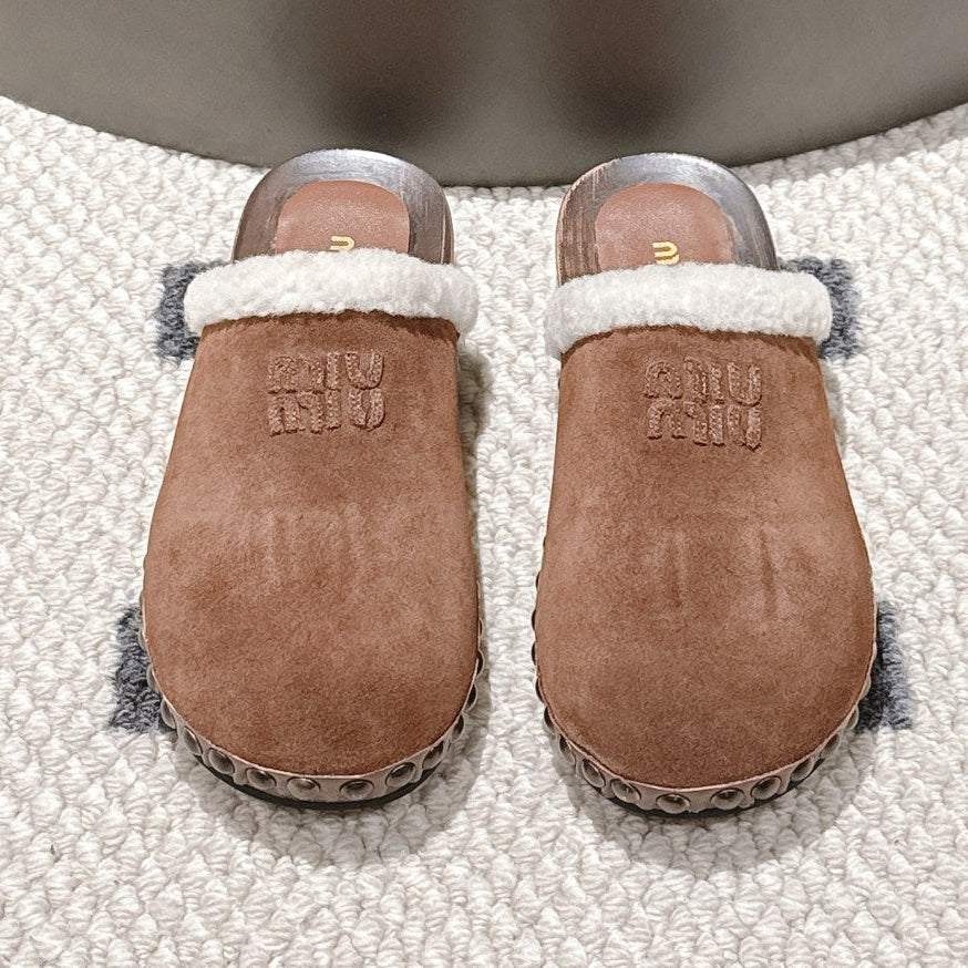 Miumiu 25 Shearling-trimmed Slipper Brown Suede Wool 547576