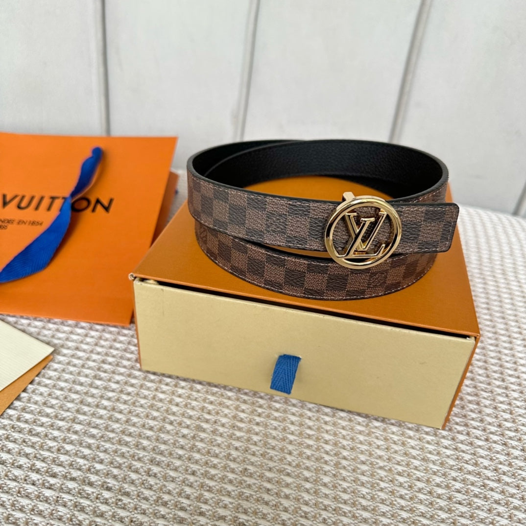 LV CIRCLE 25MM REVERSIBLE BELT IN BROWN DAMIER CALFSKIN GOLD HARDWARE