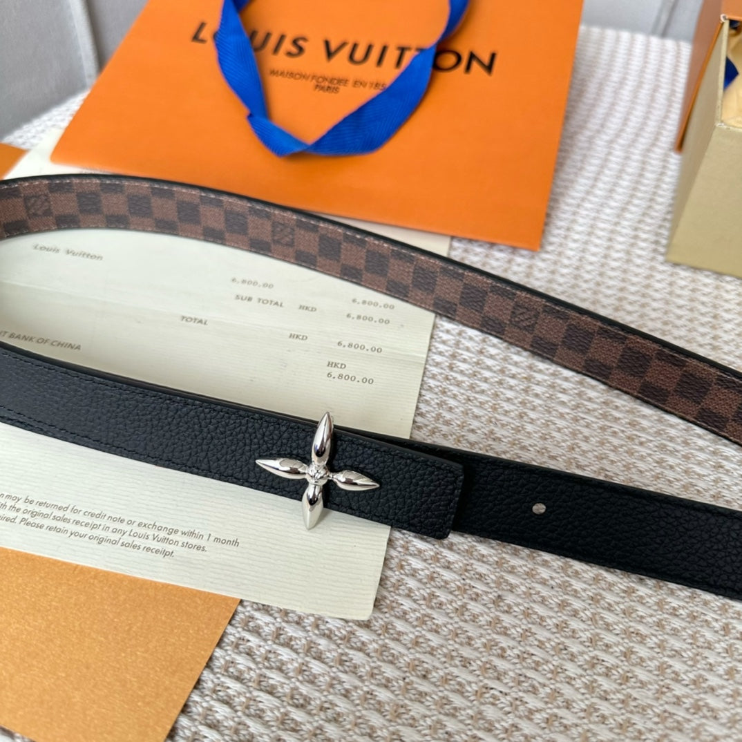 LV FLOWERGRAM 25 MM REVERSIBLE BELT IN BROWN DAMIER CALFSKIN SILVER HARDWARE