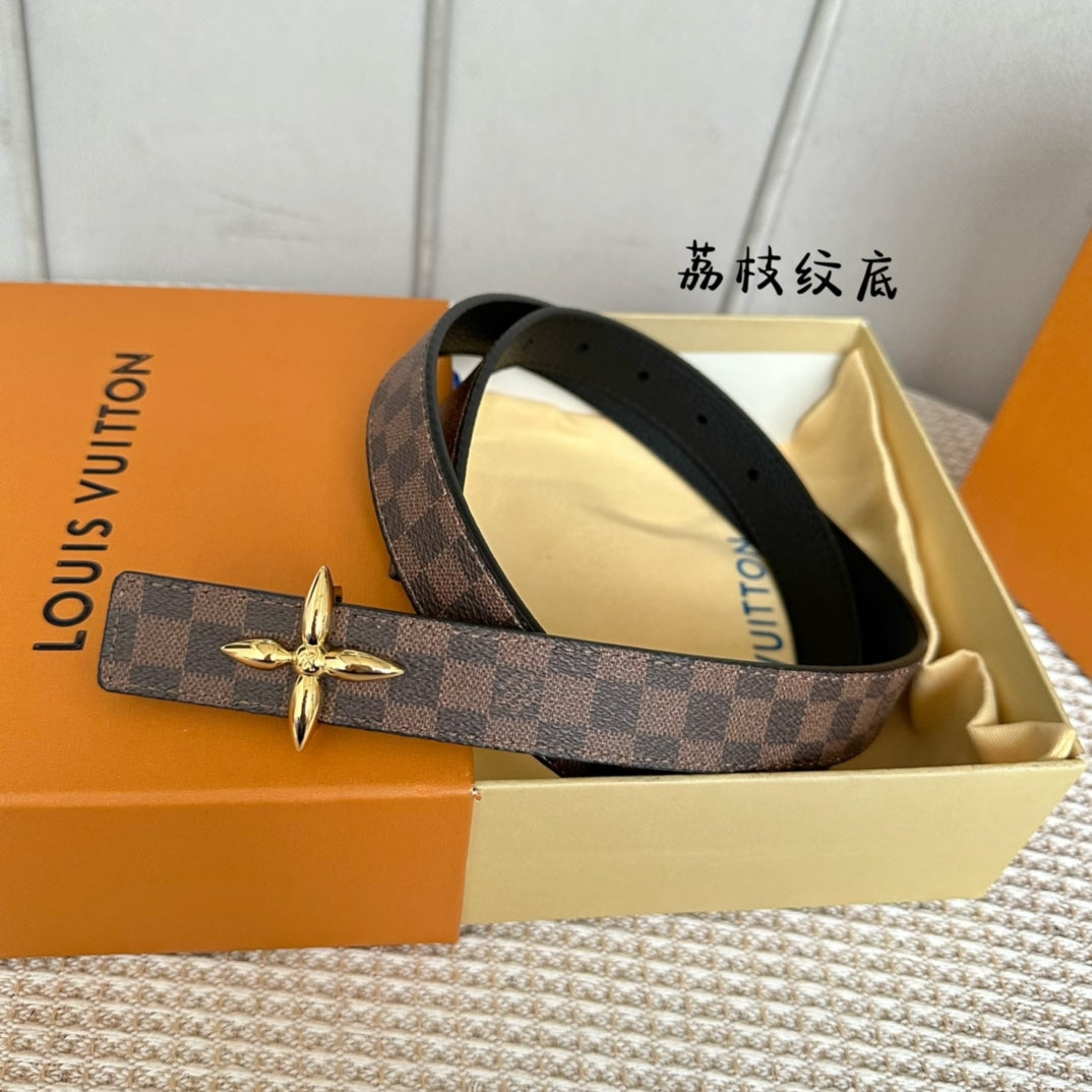 LV FLOWERGRAM 25 MM REVERSIBLE BELT IN BROWN DAMIER CALFSKIN GOLD HARDWARE