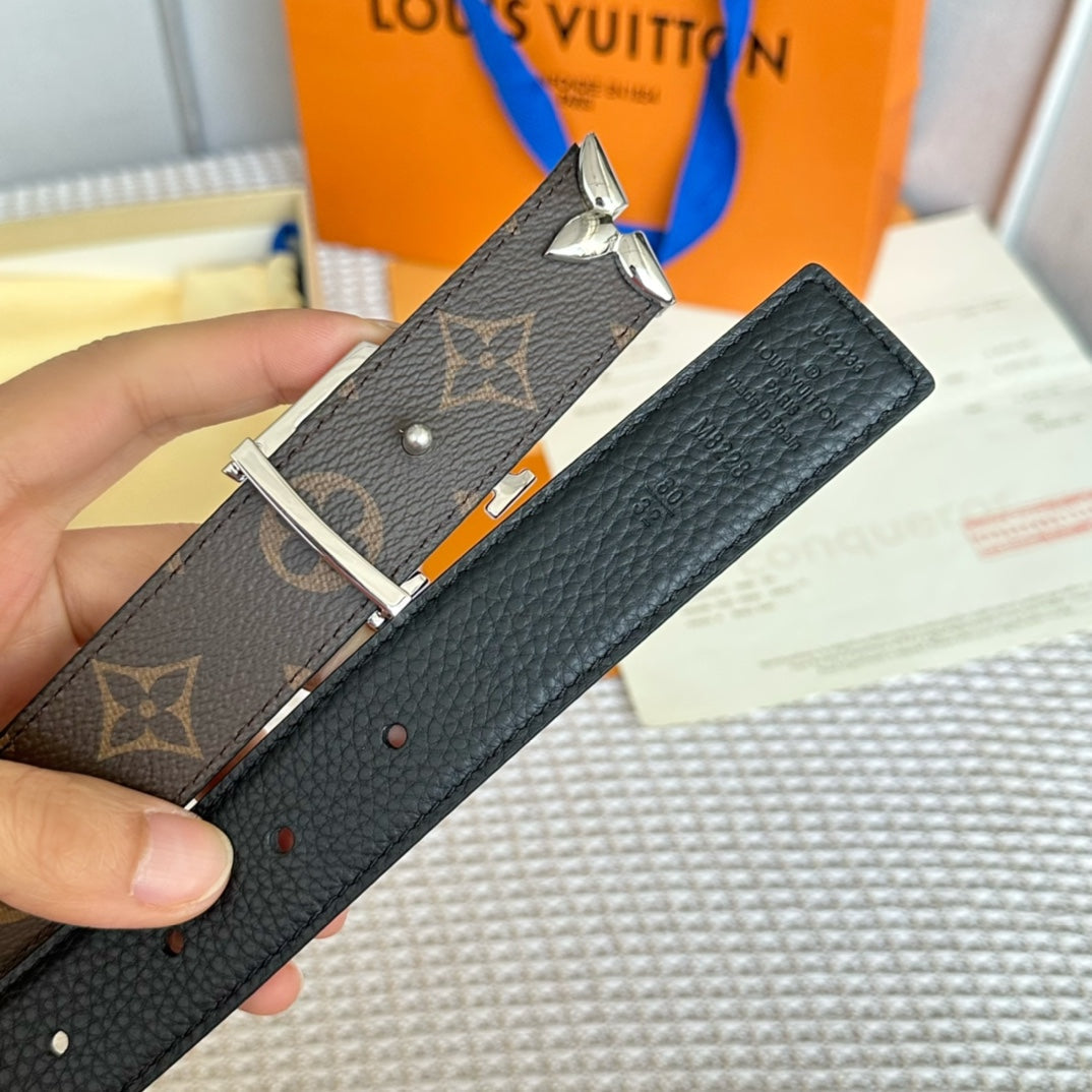 PRETTY LV 30MM REVERSIBLE BELT IN BLACK CALFSKIN SILVER HARDWARE