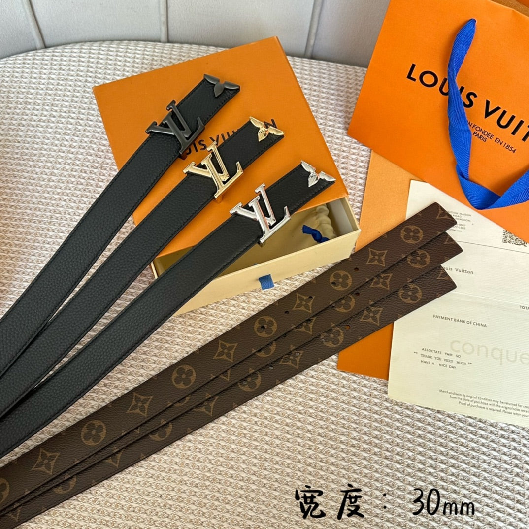 PRETTY LV 30MM REVERSIBLE BELT IN BLACK CALFSKIN SILVER HARDWARE