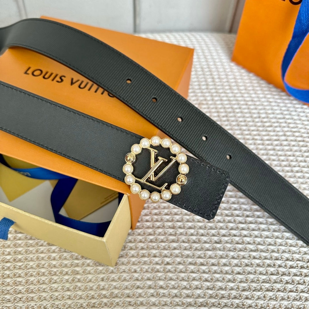 LV CIRCLE PEARL 35MM REVERSIBLE BELT IN BLACK CALFSKIN GOLD HARDWARE